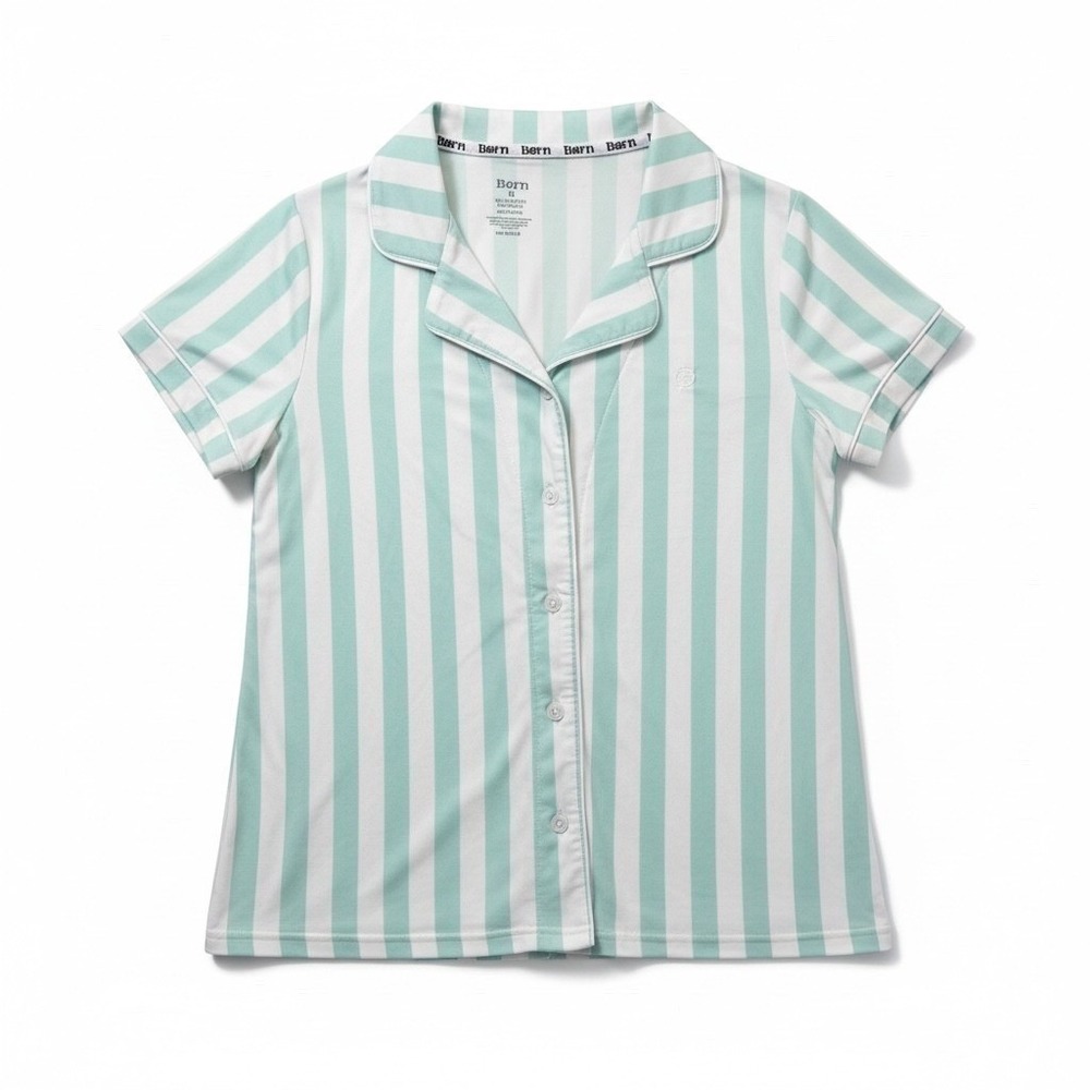 Born Womens Medium‎ Pajama Top Mint Green White Stripe Button Front Short Sleeve